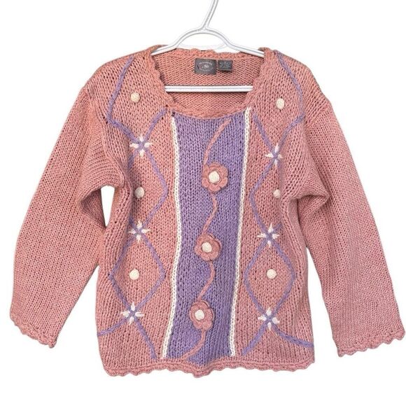 Vintage 3D Flower Knit Sweater Women Size Small Pink Purple Hem Cuff Trim Cottag - Picture 2 of 7